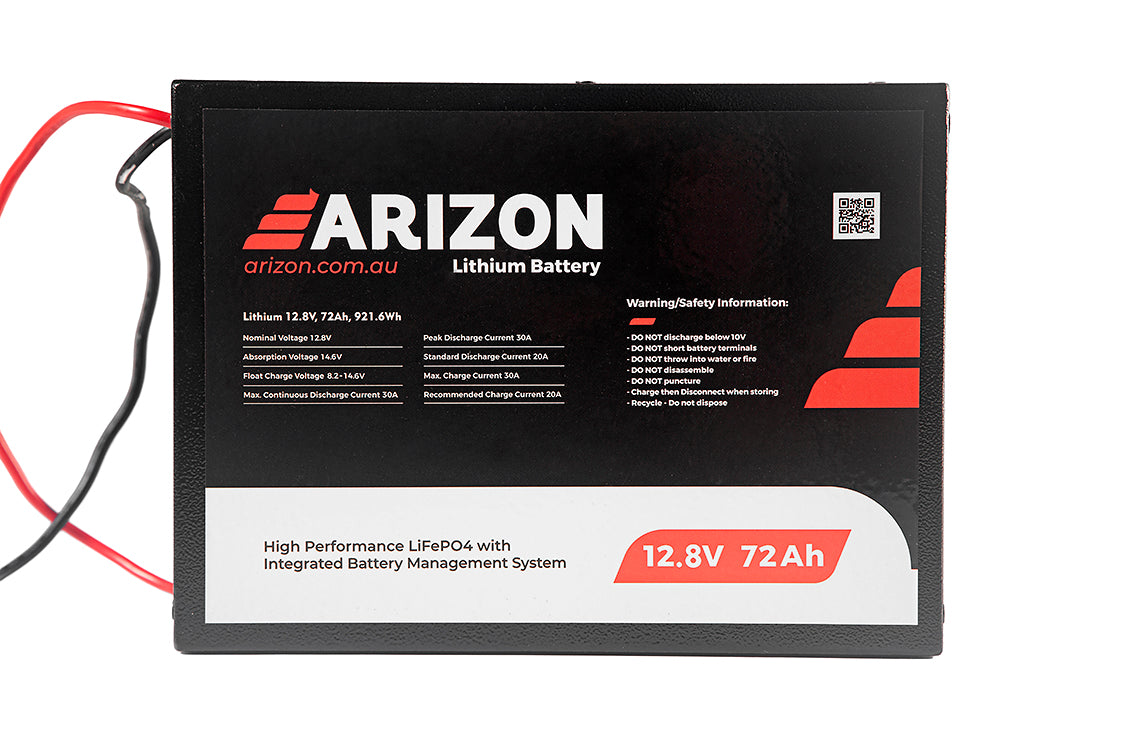 ARIZON 72AH 12V LIFEPO4 LITHIUM BATTERY WITH 20A IN-BUILT BMS 12AWG CABLES 270*200*110mm